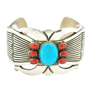 Navajo Sterling Coral Turquoise Cuff Bracelet